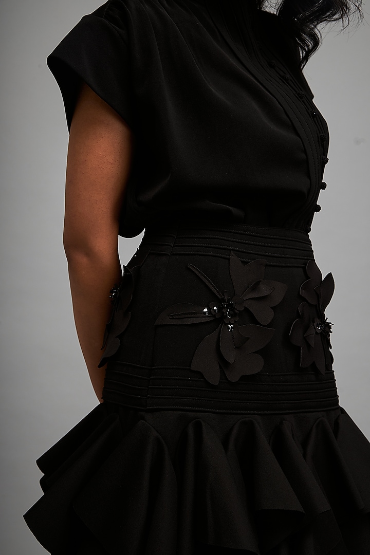 Black Rozella Crepe Ruffled Skirt Set by Deepika Arora at Pernia's Pop Up Shop