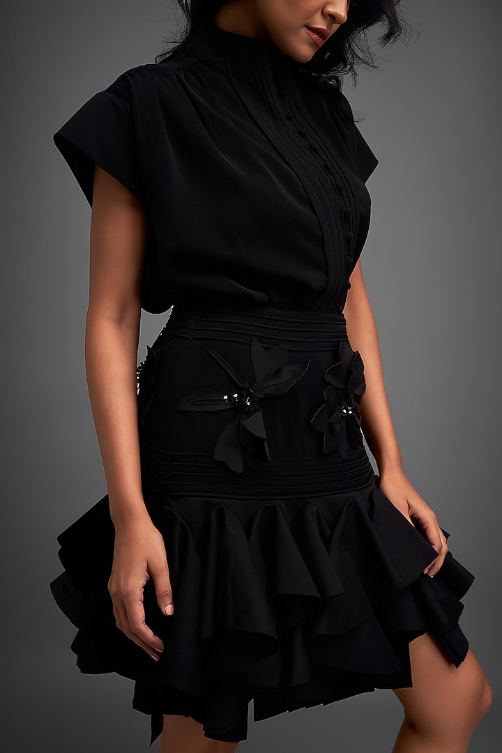 Black Rozella Crepe Ruffled Skirt Set by Deepika Arora at Pernia's Pop Up Shop