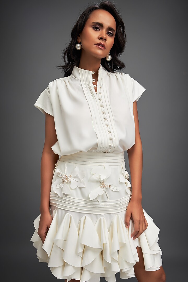 White Rozella Crepe Ruffled Skirt Set by Deepika Arora at Pernia's Pop Up Shop