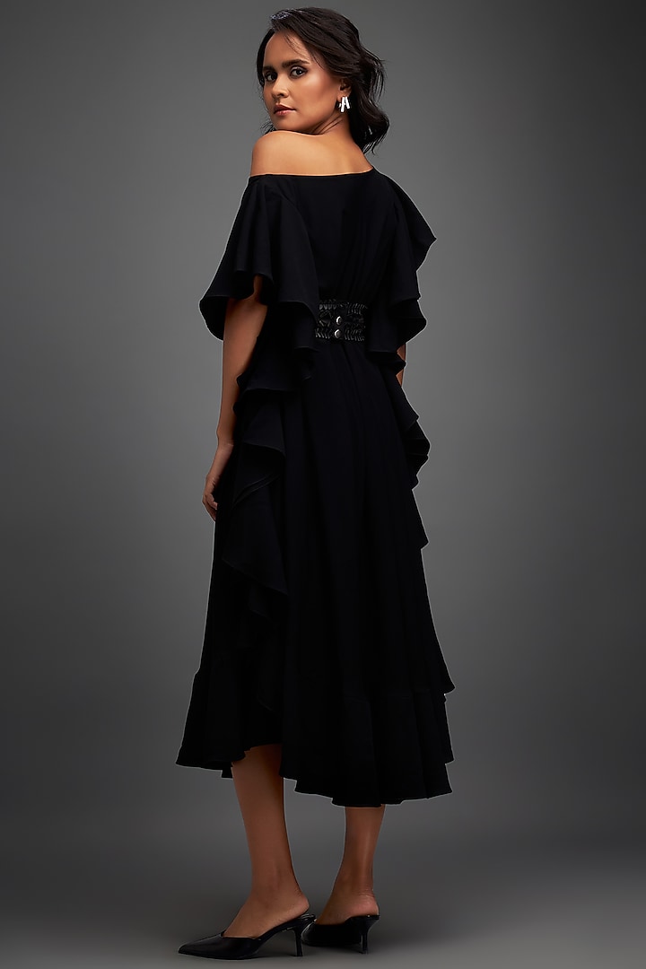 Black Georgette Ruffled Asymmetrical Off-Shoulder Dress by Deepika