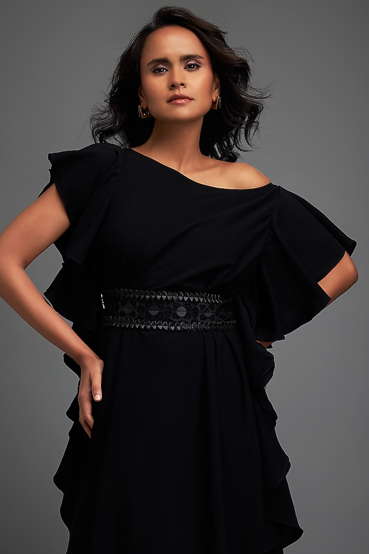 Black Georgette Ruffled Asymmetrical Off-Shoulder Summer Dress by Deepika Arora at Pernia's Pop Up Shop