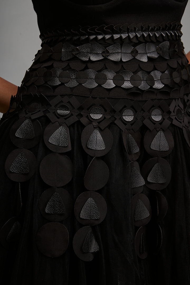 Black Net & Ponte Roma Embellished Mini Vacation Dress by Deepika Arora at Pernia's Pop Up Shop