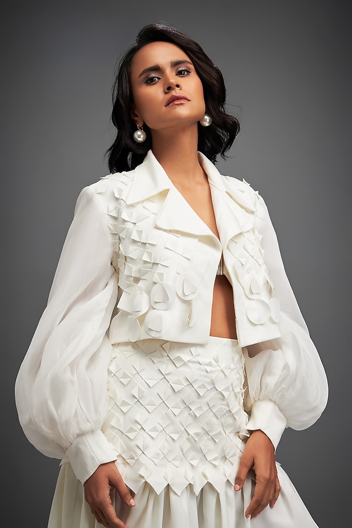 White Ponte Roma 3D Embellished Skirt Set by Deepika Arora at Pernia's Pop Up Shop