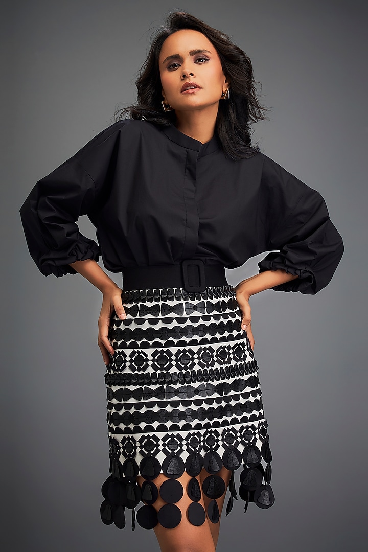 Black & White Ponte Roma Embellished Skirt Set by Deepika Arora at Pernia's Pop Up Shop