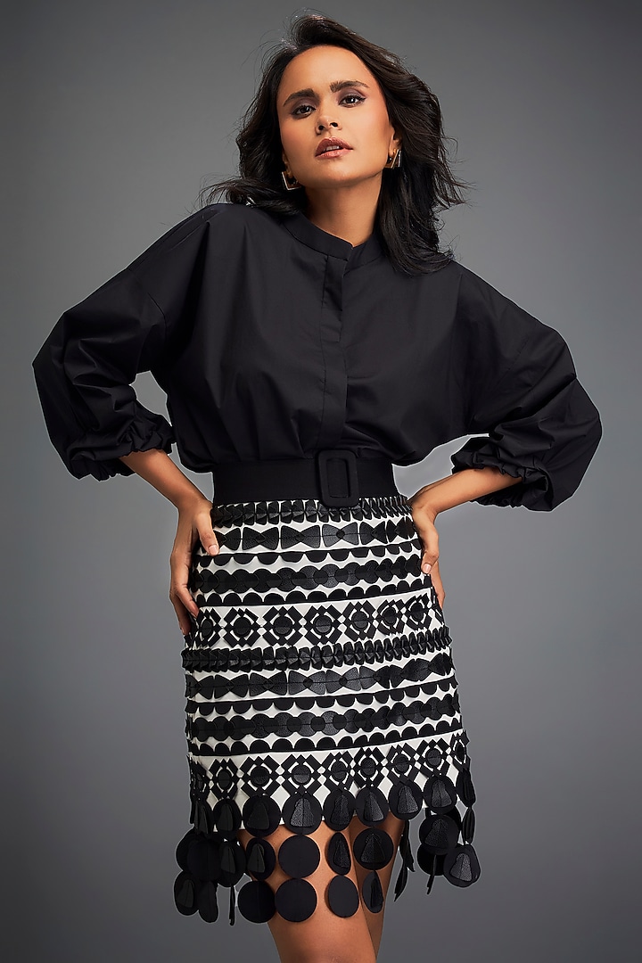 Black & White Ponte Roma Embellished Skirt by Deepika Arora at Pernia's Pop Up Shop