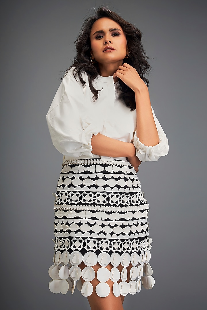 Black & White Ponte Roma Embellished Skirt by Deepika Arora at Pernia's Pop Up Shop