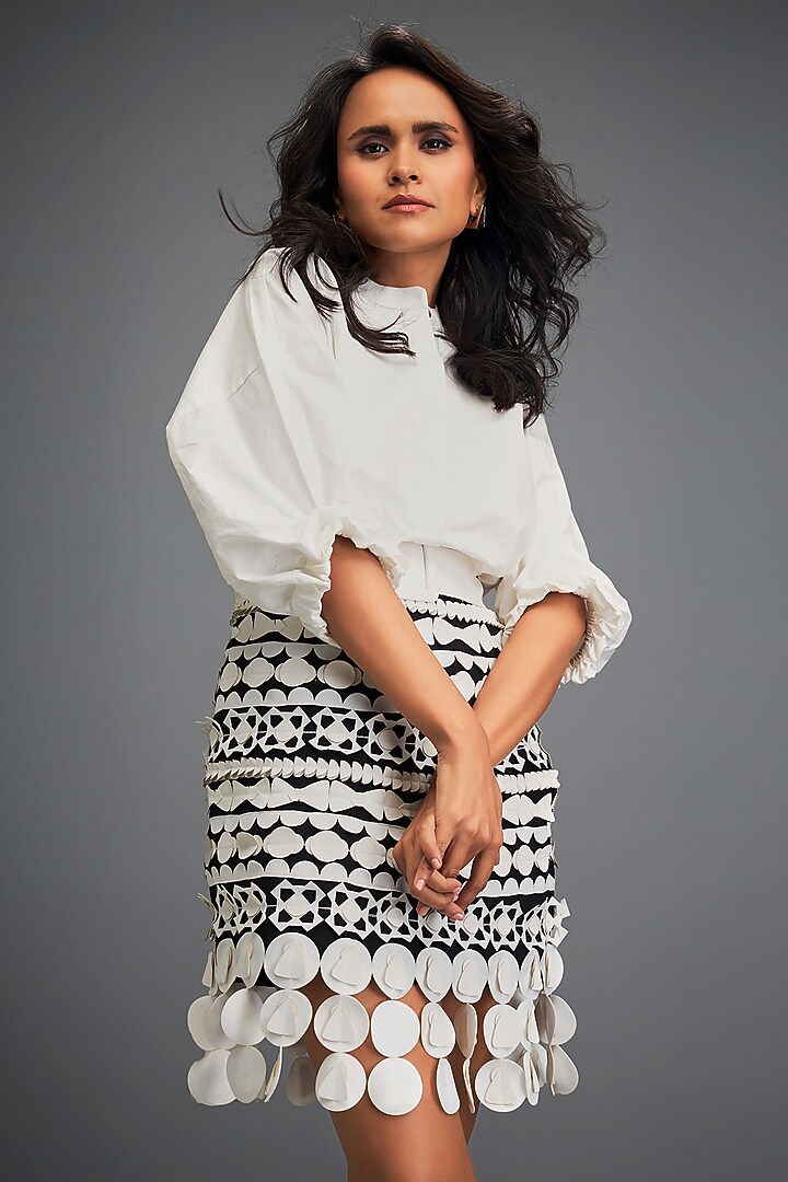 Black & White Ponte Roma Embellished Skirt by Deepika Arora at Pernia's Pop Up Shop