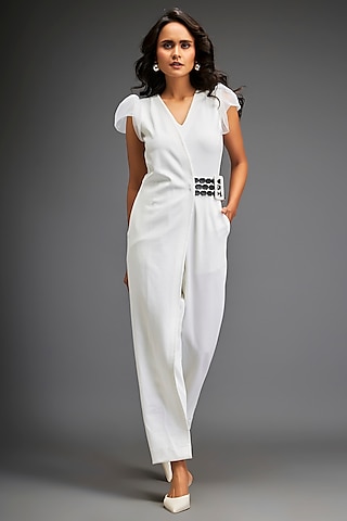 White Ponte Roma Jumpsuit by Deepika Arora