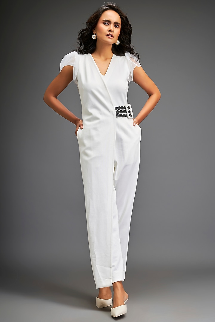White Ponte Roma Jumpsuit by Deepika Arora at Pernia's Pop Up Shop