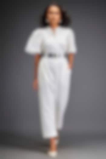 White Ponte Roma Jumpsuit With Belt by Deepika Arora at Pernia's Pop Up Shop