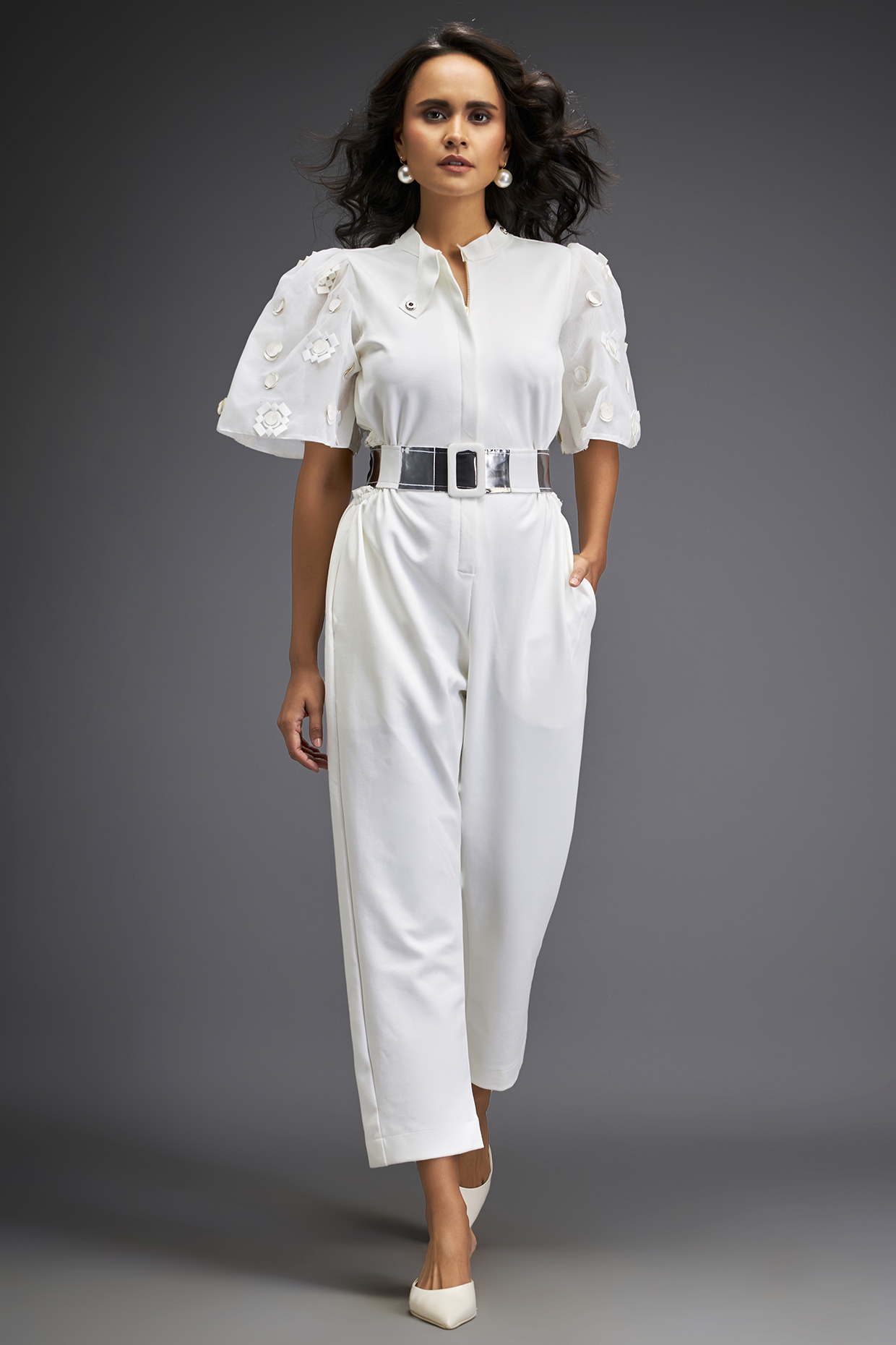 White Ponte Roma Jumpsuit With Belt by Deepika Arora at Pernia's Pop Up Shop