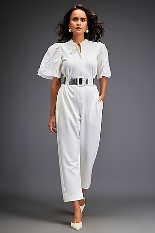 White Ponte Roma Jumpsuit With Belt by Deepika Arora