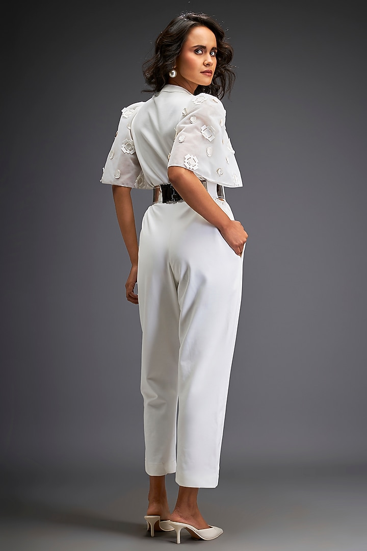 White Ponte Roma Jumpsuit With Belt by Deepika Arora at Pernia's Pop Up Shop