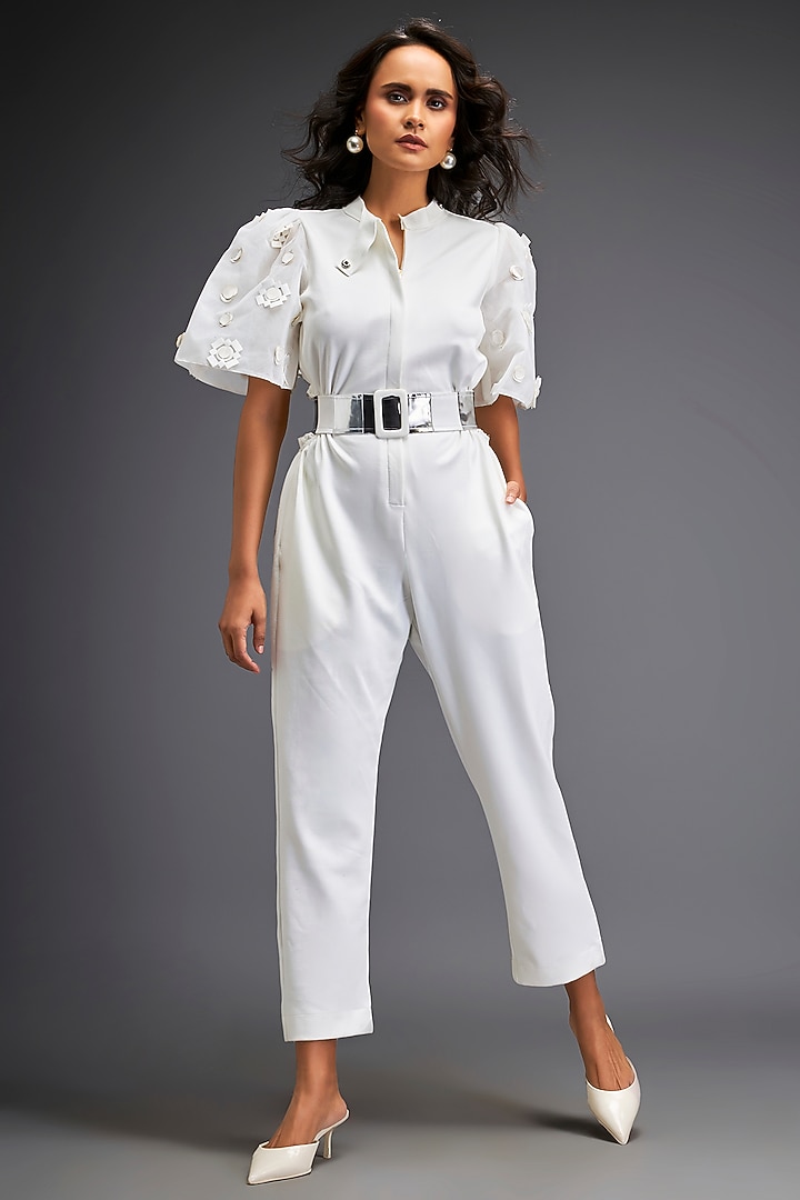 White Ponte Roma Jumpsuit With Belt by Deepika Arora at Pernia's Pop Up Shop