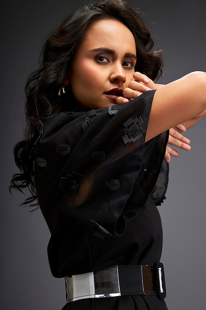 Black Ponte Roma Playsuit With Belt by Deepika Arora at Pernia's Pop Up Shop