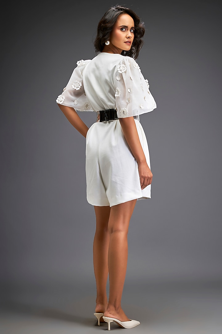 White Ponte Roma Playsuit With Belt by Deepika Arora at Pernia's Pop Up Shop