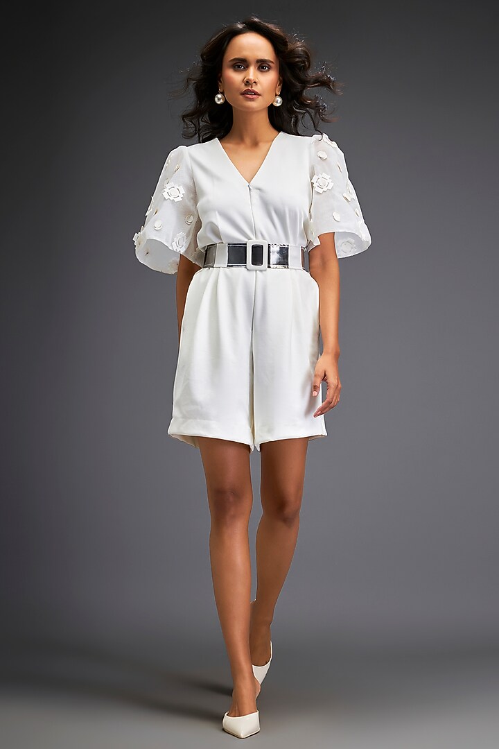 White Ponte Roma Playsuit With Belt by Deepika Arora at Pernia's Pop Up Shop