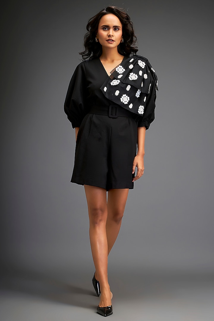 Black Ponte Roma Playsuit With Belt by Deepika Arora at Pernia's Pop Up Shop