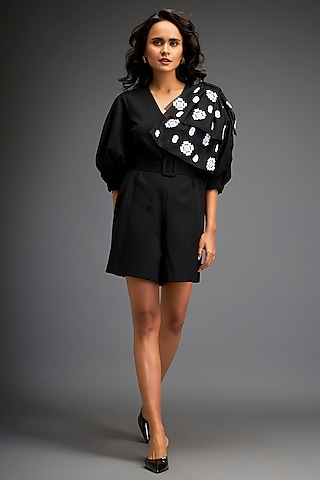 Black Ponte Roma Playsuit With Belt by Deepika Arora