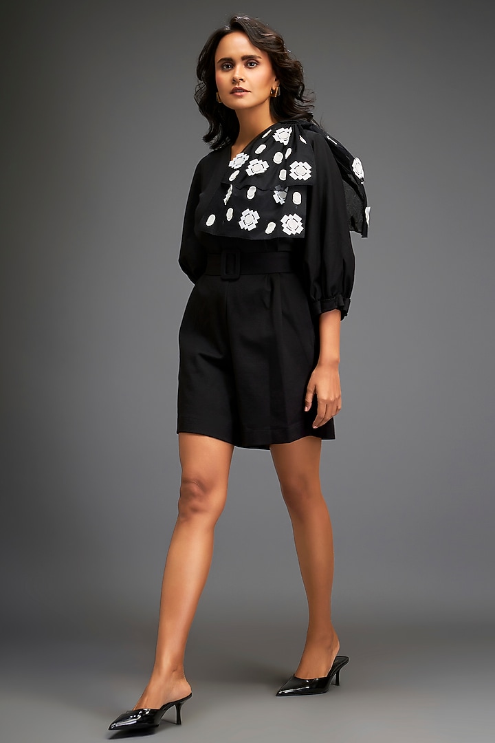 Black Ponte Roma Playsuit With Belt by Deepika Arora at Pernia's Pop Up Shop