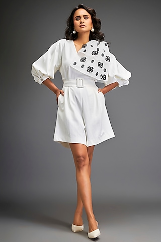 White Ponte Roma Playsuit With Belt by Deepika Arora