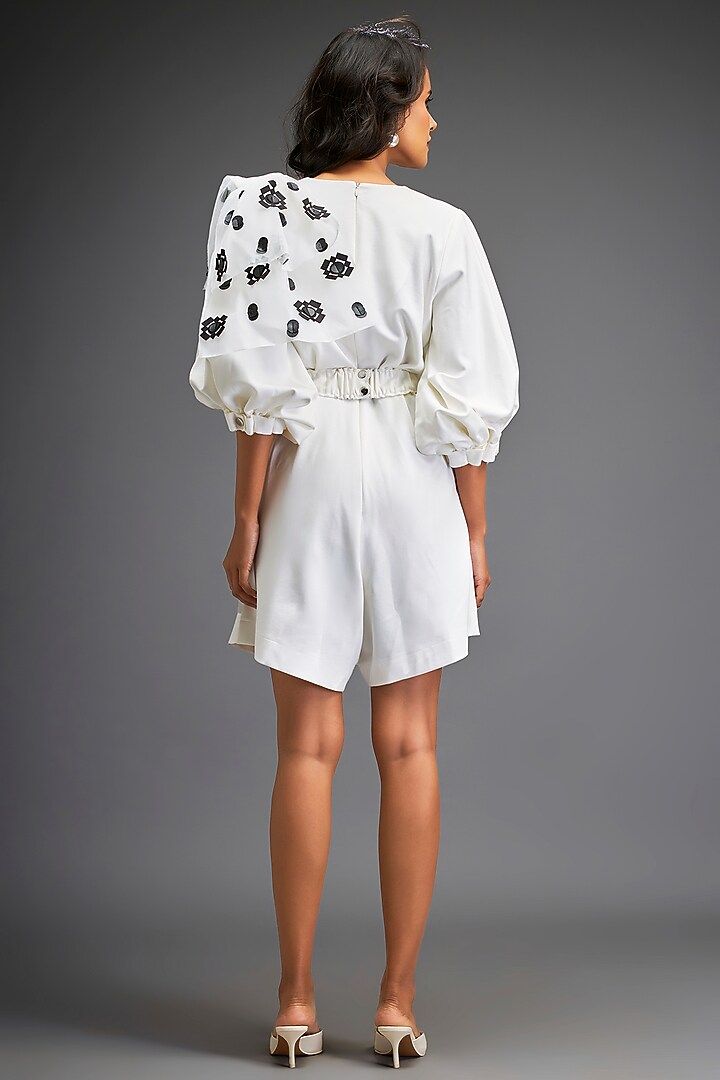 White Ponte Roma Playsuit With Belt by Deepika Arora at Pernia's Pop Up Shop