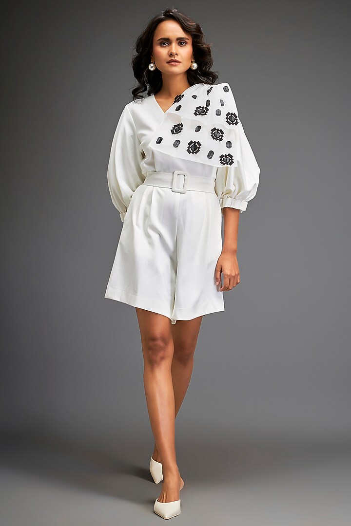 White Ponte Roma Playsuit With Belt by Deepika Arora at Pernia's Pop Up Shop
