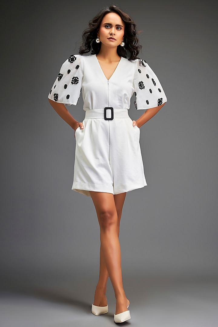 White Ponte Roma Embroidered Playsuit With Belt by Deepika Arora at Pernia's Pop Up Shop