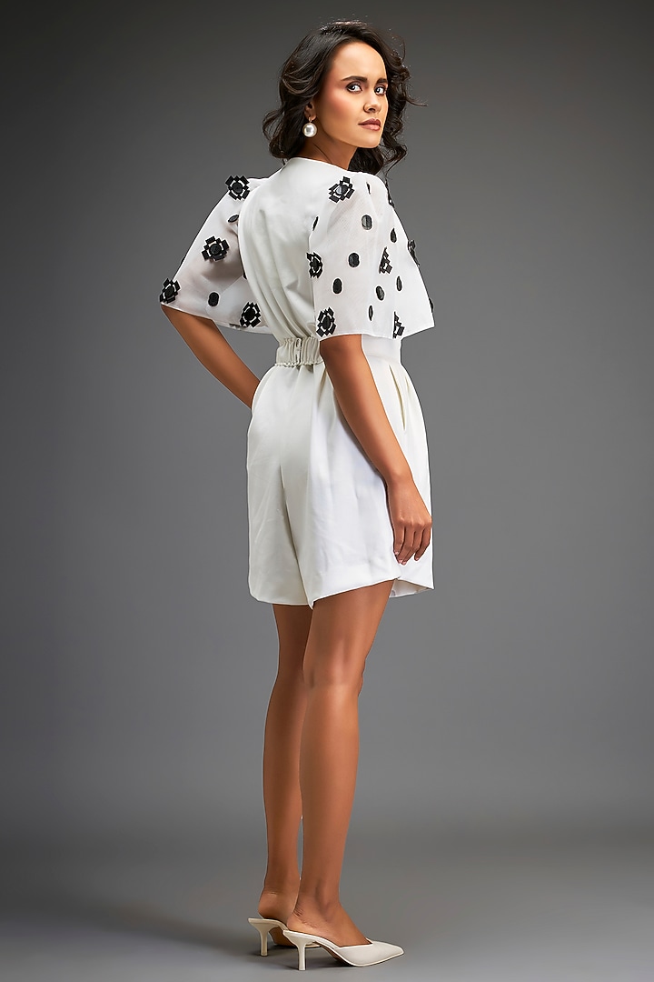 White Ponte Roma Embroidered Playsuit With Belt by Deepika Arora at Pernia's Pop Up Shop