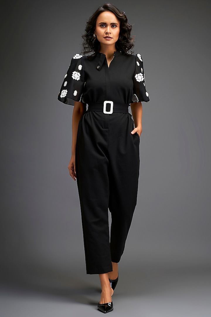 Black Ponte Roma Embroidered Jumpsuit With Belt by Deepika Arora at Pernia's Pop Up Shop