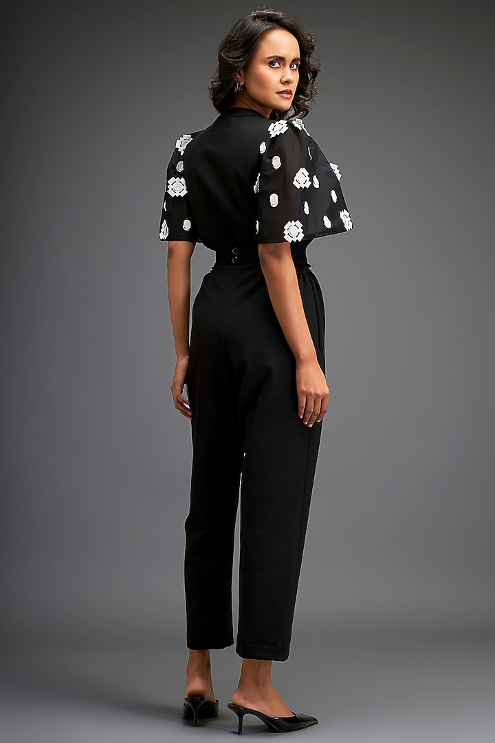 Black Ponte Roma Embroidered Jumpsuit With Belt by Deepika Arora at Pernia's Pop Up Shop