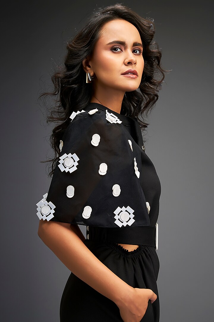 Black Ponte Roma Embroidered Jumpsuit With Belt by Deepika Arora at Pernia's Pop Up Shop
