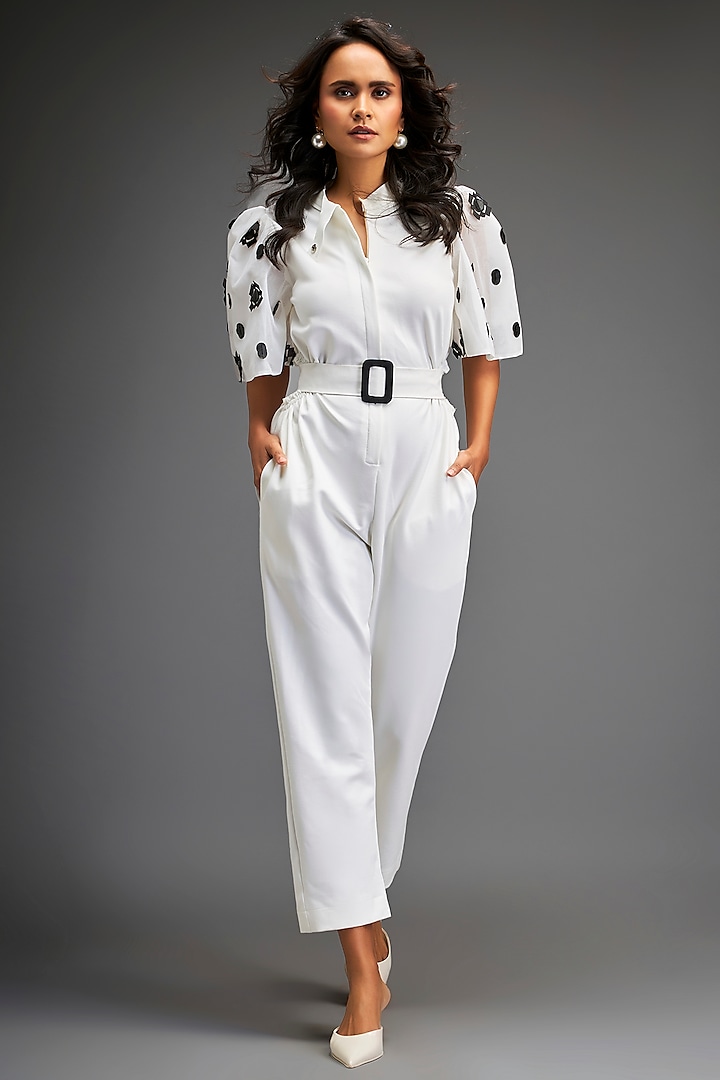 White Ponte Roma Embroidered Jumpsuit With Belt by Deepika Arora at Pernia's Pop Up Shop