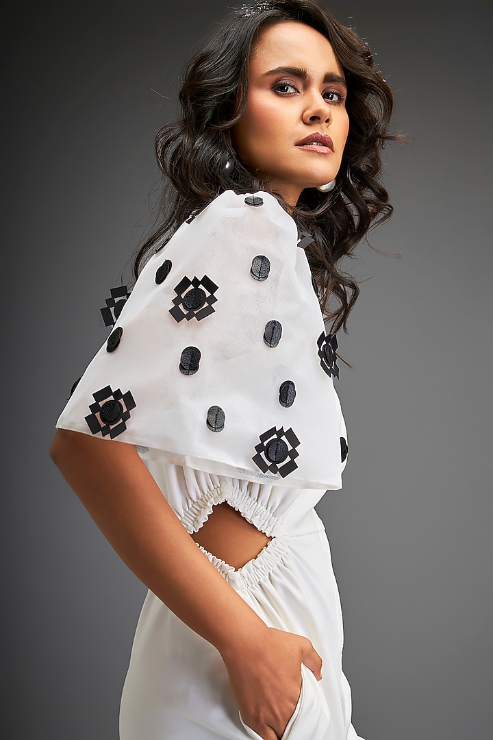 White Ponte Roma Embroidered Jumpsuit With Belt by Deepika Arora at Pernia's Pop Up Shop