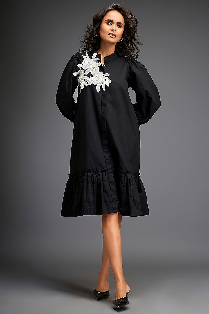 Black Cotton Floral Embellished Dress by Deepika Arora at Pernia's Pop Up Shop