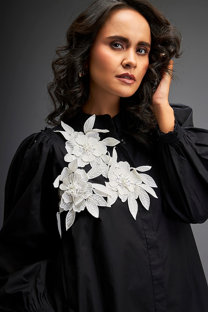 Black Cotton Floral Embellished Summer Dress by Deepika Arora at Pernia's Pop Up Shop