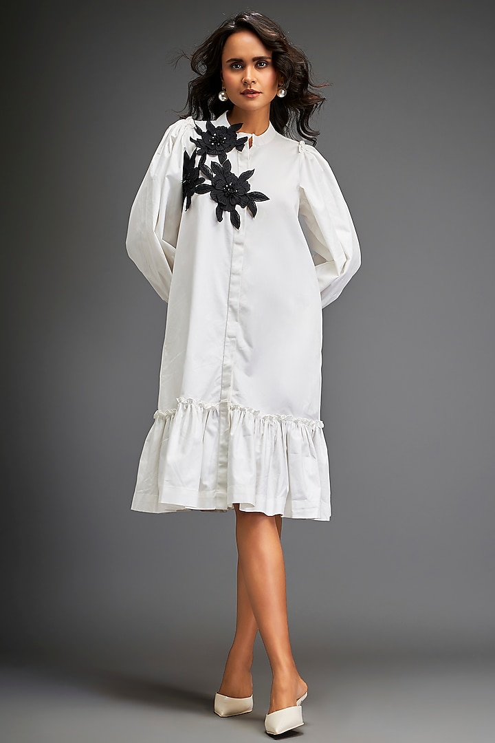 White Cotton Floral Embellished Dress by Deepika Arora at Pernia's Pop Up Shop