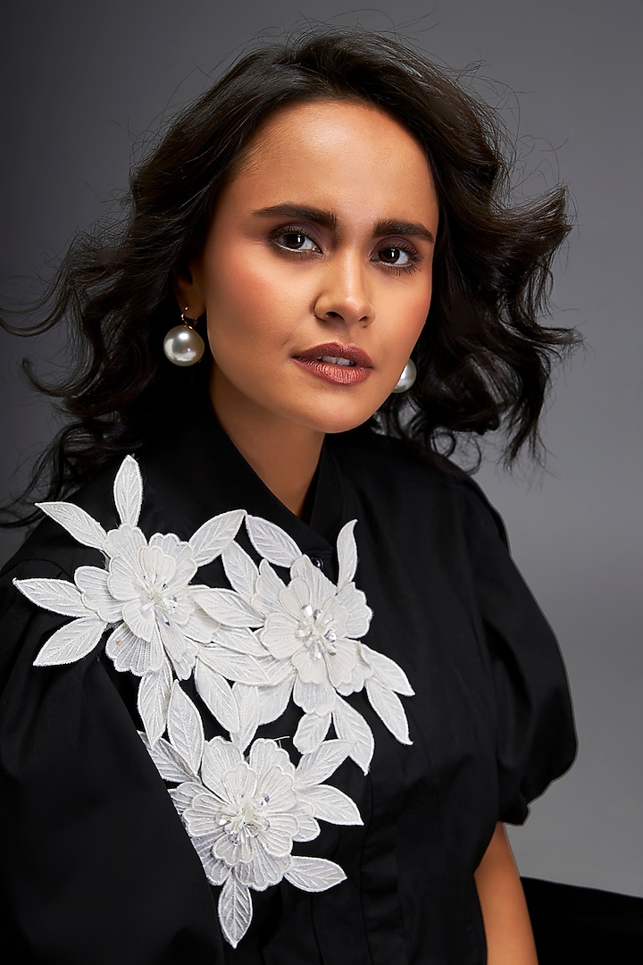 Black Cotton Floral Embroidered Summer Dress by Deepika Arora at Pernia's Pop Up Shop