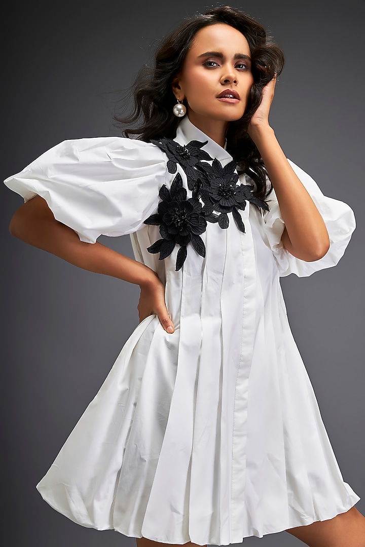 White Cotton Floral Embroidered Summer Dress by Deepika Arora at Pernia's Pop Up Shop