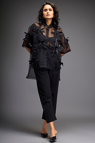 Black Sheer & Organza Co-Ord Set by Deepika Arora