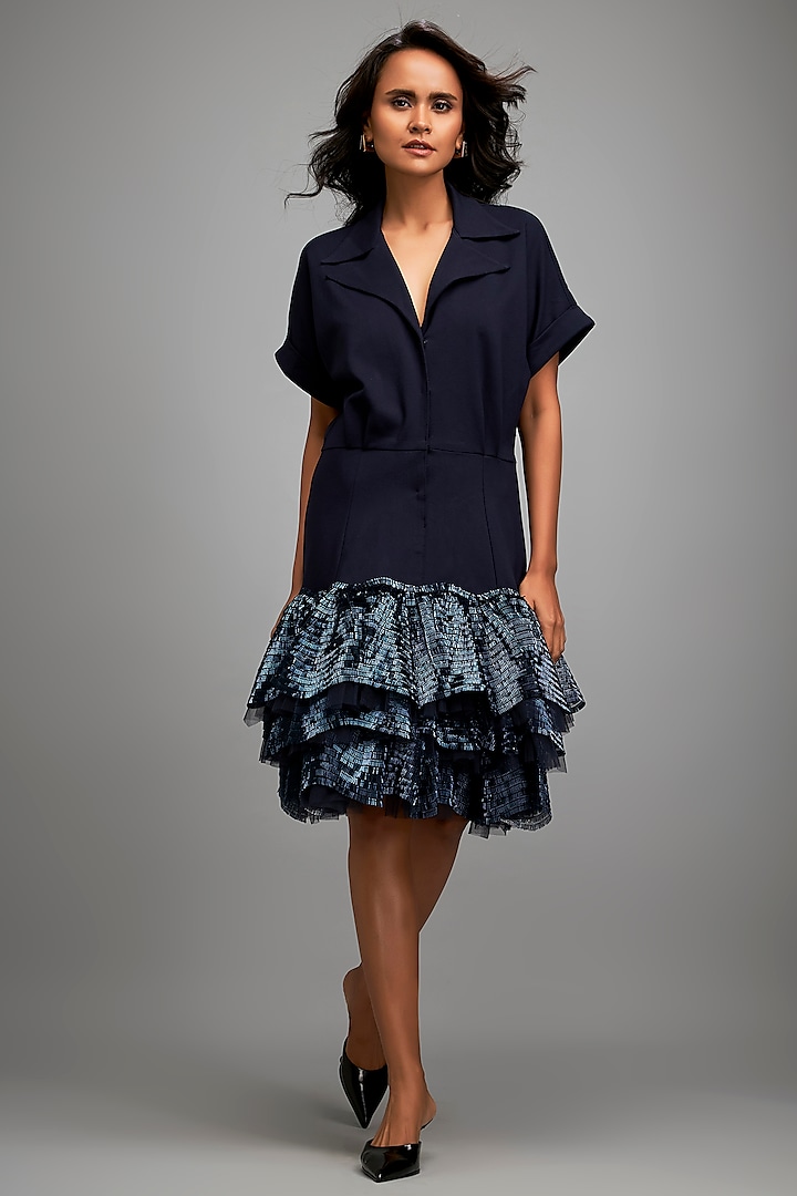 Navy Blue Ponte Roma Embroidered Jacket Dress by Deepika Arora at Pernia's Pop Up Shop