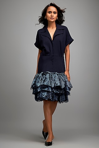 Navy Blue Ponte Roma Embroidered Jacket Dress by Deepika Arora