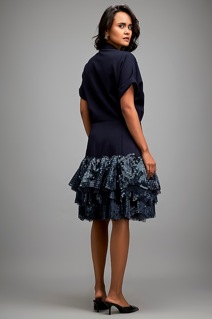 Navy Blue Ponte Roma Embroidered Jacket Vacation Dress by Deepika Arora at Pernia's Pop Up Shop
