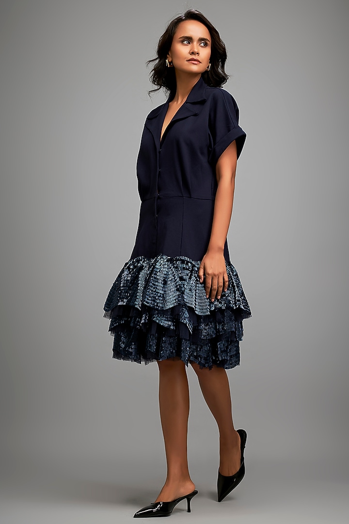 Navy Blue Ponte Roma Embroidered Jacket Vacation Dress by Deepika Arora at Pernia's Pop Up Shop