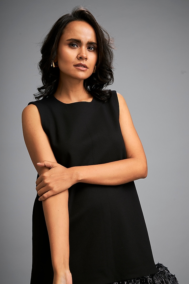 Black Ponte Roma Mini Vacation Dress by Deepika Arora at Pernia's Pop Up Shop