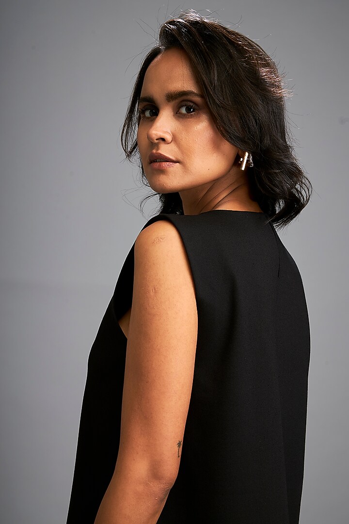 Black Ponte Roma Mini Vacation Dress by Deepika Arora at Pernia's Pop Up Shop