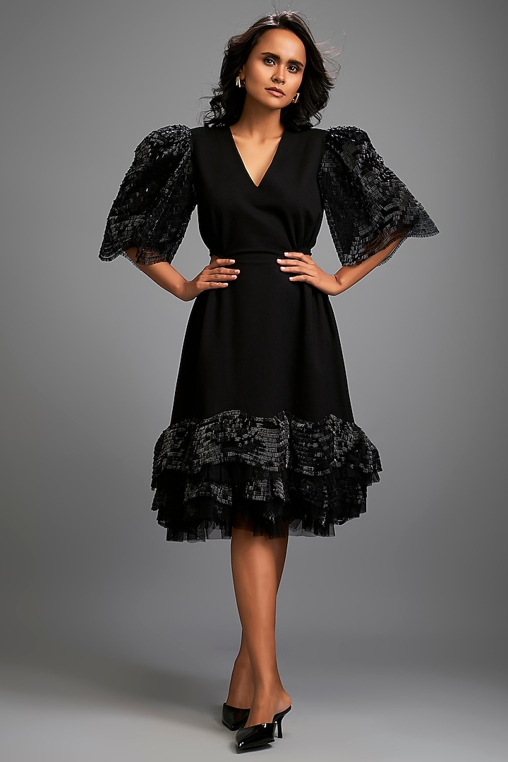 Black Ponte Roma Tiered Ruffled Midi Dress by Deepika Arora at Pernia's Pop Up Shop