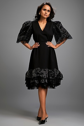 Black Ponte Roma Tiered Ruffled Midi Dress by Deepika Arora