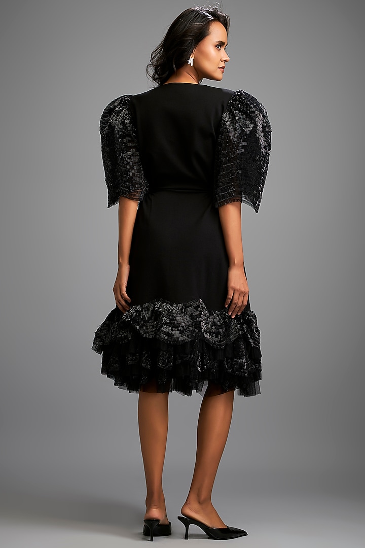 Black Ponte Roma Tiered Ruffled Midi Vacation Dress by Deepika Arora at Pernia's Pop Up Shop