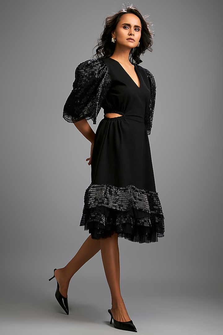 Black Ponte Roma Tiered Ruffled Midi Vacation Dress by Deepika Arora at Pernia's Pop Up Shop